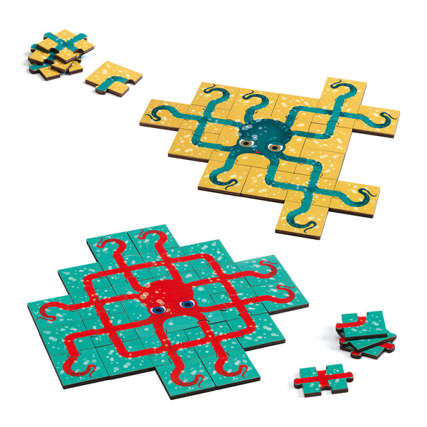 Guzzle is a game of skill, cunning and all based around an amazing octopus.  The octopus has eight legs – can you build one where each of the limbs is free to find it’s dinner – if they are tangled, your octopus will not be happy! Each player starts with a set of 41 pieces and have to build the octopus before their opponents.