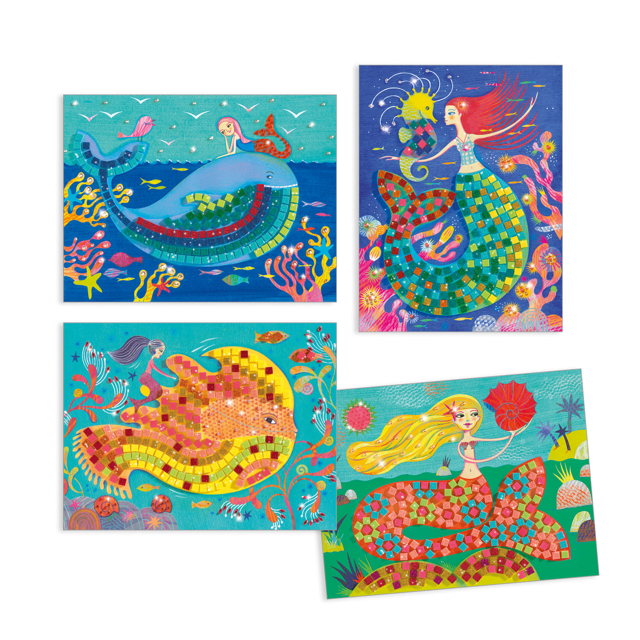A beginners’ mosaic kit. There are 4 designs to complete with little glittery foam squares and rhinestone stickers. Children look for the numbers, then stick the pieces onto the right places on the board. As the boards are covered in decorations the mermaids appear, radiant amidst the waves.