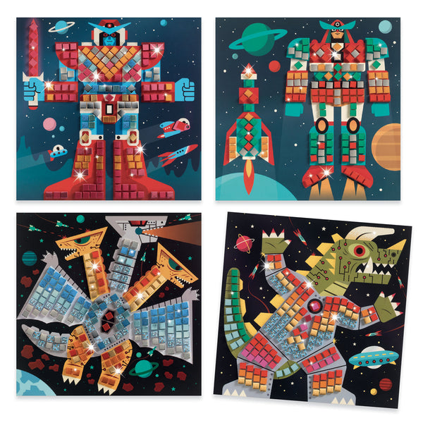 A kit to learn the art of mosaic, where robots face terrible monsters. 4 designs to be completed with small pieces of metallic foam that work like stickers. The child locates the numbers and affixes the corresponding pieces to the designated place on the board. The designs fill up and the characters come to life.