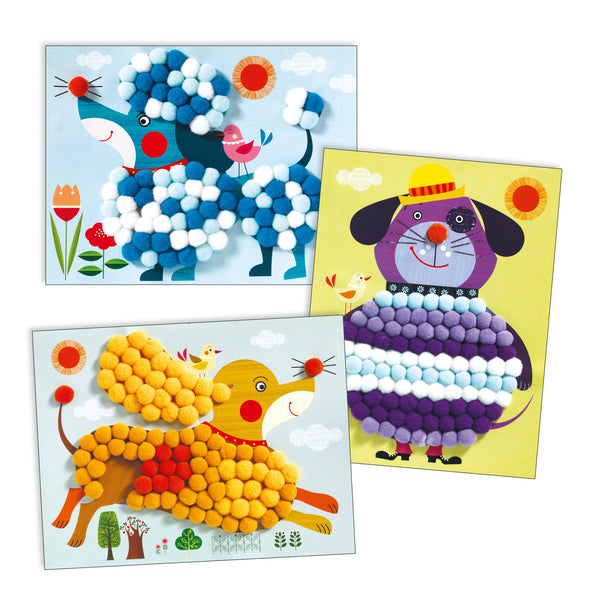 Decorate the playful dogs with the colourful craft balls. Remove the pre-cut shapes, then add the pompoms to the sticky area to reveal three cute little dogs.