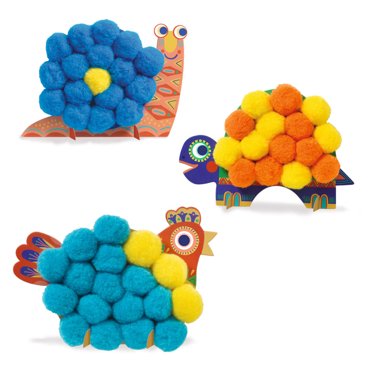 A pasting activity to complete the 3 animals with large pompoms. Children copy the examples in the instructions booklet and stick coloured pompoms onto the sticky parts of the 3 animals. Surprise - 3 gentle animals appear, ready for pets!