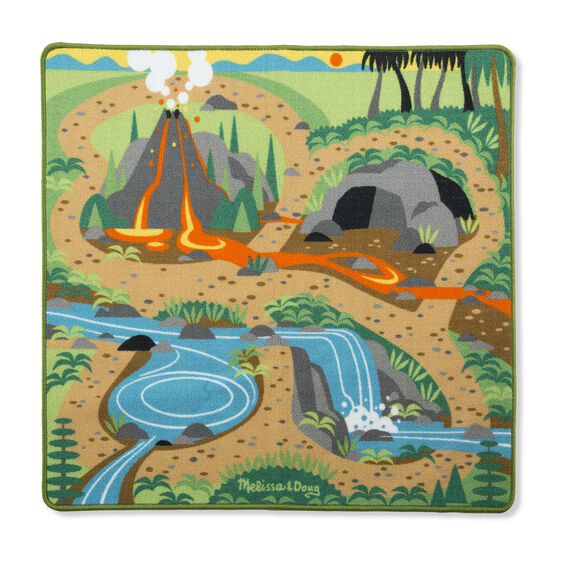 Your little ones will go back in time to visit the prehistoric giants on this colourful dinosaur play rug from Melissa and Doug! Provides endless hours of fun with four flocked dinosaur figures (T-Rex, Triceratops, Stegosaurus, Apatosaurus) and features details like a bubbling volcano, waterfall, river, a cool cave, jungle, and grassland to give many options for creative play. 