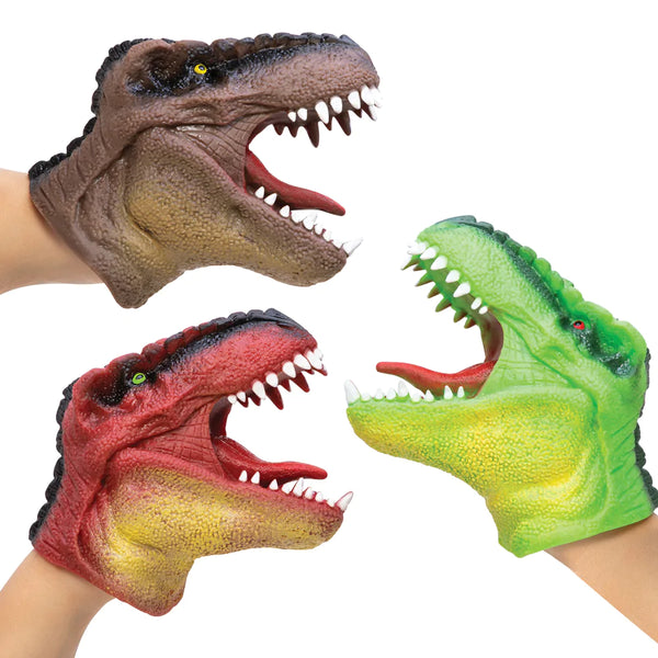 Put on your very own roar-some puppet show with Schylling’s Dinosaur Hand Puppets. Made from quality non-toxic rubber, there are three varieties (green, red and brown) of Tyrannosaurus Rex puppets available. One dinosaur hand puppet included - comes in one of three assorted styles as above, sent randomly.