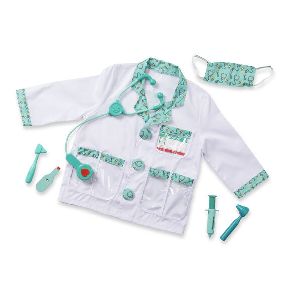 Your aspiring little Doctor will look the part in this Doctor Costume Set from Melissa and Doug! They will be fully equipped with a jacket, mask, stethoscope, reflex hammer, ear scope, syringe, and reusable name tag.
