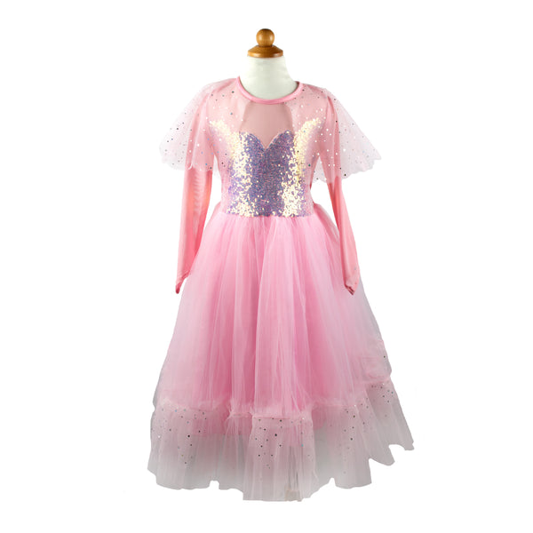This beautiful 'elegant in pink' dress from Great Pretenders lives up to it's name, with pink and silver sequins on the bodice which flows into a beautiful pink skirt. Featuring a sequins neckline with a tulle capelet, and added metallic embellishments for extra shine. Pink lace drapes over the shoulders on the top.