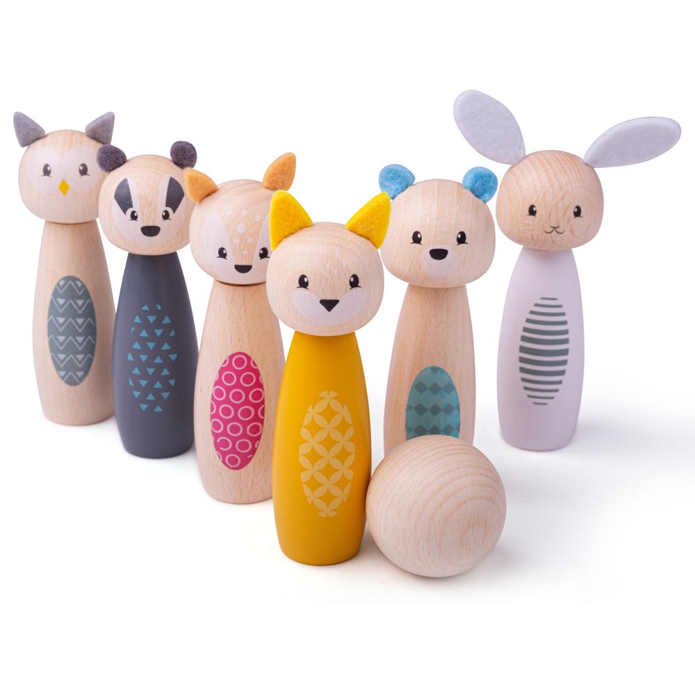 Knock them down and pick them up! These brightly coloured Woodland Animal Skittles from Bigjigs will provide endless hours of fun for your little ones. These wooden animals are perfect for helping kids’ develop excellent hand/eye coordination as well as fine motor skills.  Crafted from FSC® Certified materials (FSC® C147826), this wooden toy has had a sustainable journey from forest to store. The quality, ethically sourced wood is hard-wearing and can withstand years of skittle play! 