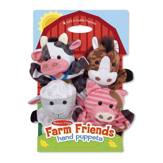 This four-piece hand-puppet set makes it easy for kids and caregivers to role-play together! Four simple glove puppets in a coordinated theme can act out a scene together, or be used separately for simple puppet play. Farm Friends Hand Puppets includes a sheep, cow, pig, and horse.