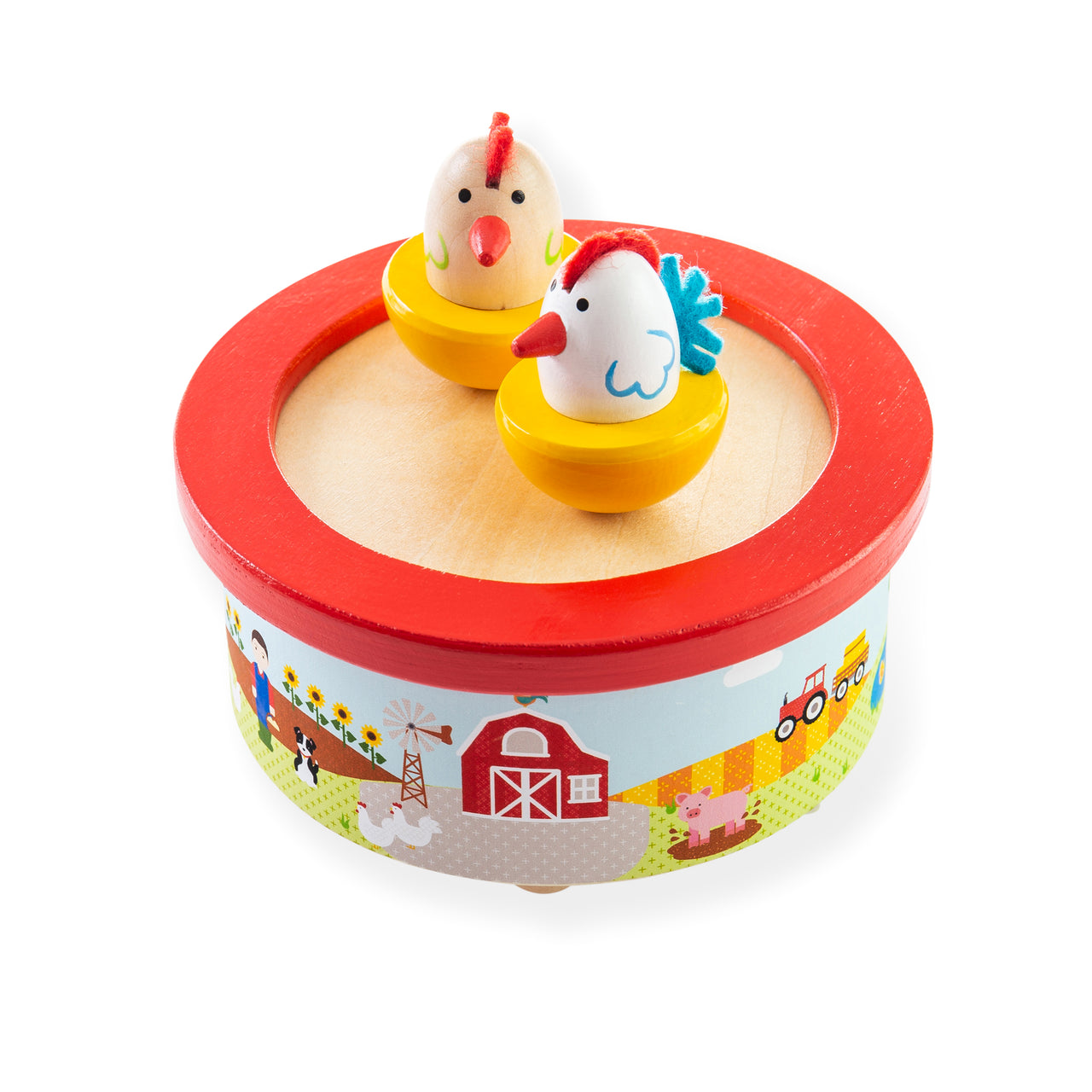 Wind them up and watch them dance with this fun wooden musical dancing toy from Bigjigs! This music box features two chickens who dance and spin on a mirrored base, providing hours of entertainment. 