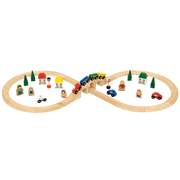 This Bigjigs Rail Figure of Eight Train Set was the winner of the Gold Medal in the Best Wooden Toy Category from Toyshop UK. This brightly coloured train set includes high quality wooden track pieces that form the figure of eight layout, a colourful engine with 2 colourful carriages and a variety of accessories. 