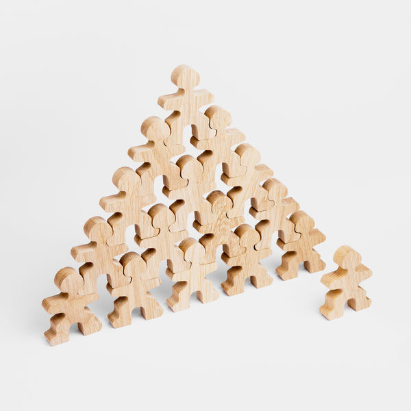 Flockmen are the perfect toy for building, stacking, creating, learning and imaginative play! Use them for learning the basics of physics, counting, art, domino effect and exercising fine motor skills. This half flock contains 16 Flockmen for open-ended play. Each wooden 'man' is 50mm wide, 70mm tall and 14mm thick. Flockmen are 100% natural and not treated with any chemicals. Designed to look like chunky stickmen.