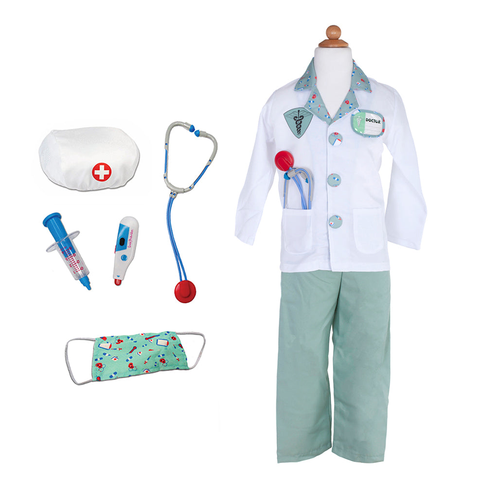 Your aspiring little doctor can look the part with this 8 piece dress-up-and-play set from Great Pretenders! The set includes a white doctor's coat, green scrub pants, a green fabric mask, white hat, play stethoscope, play syringe, and play thermometer. The coat also features a sewn in doctor's name tag holder with removable name tag and velcros on and off.