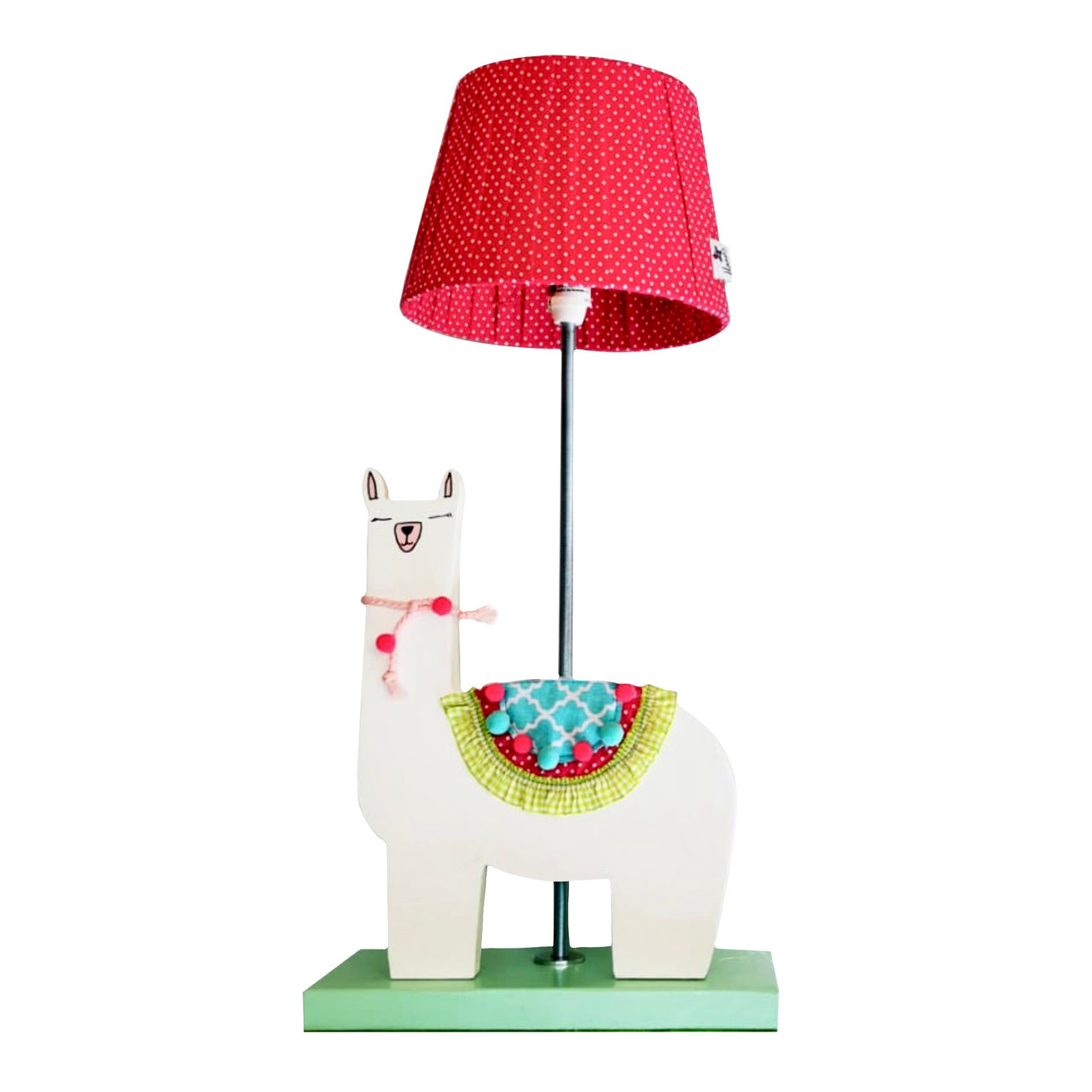 Designed and hand-crafted in Italy, this unique side lamp with a wooden base and a llama design is perfect for your little rascal's bedroom.  Creatively constructed from wood and fabric, the white llama with colourful embellishments on a mint base is simply beautiful. The dark pink lampshade with white spots is handmade and compliments the rest of the lamp. 