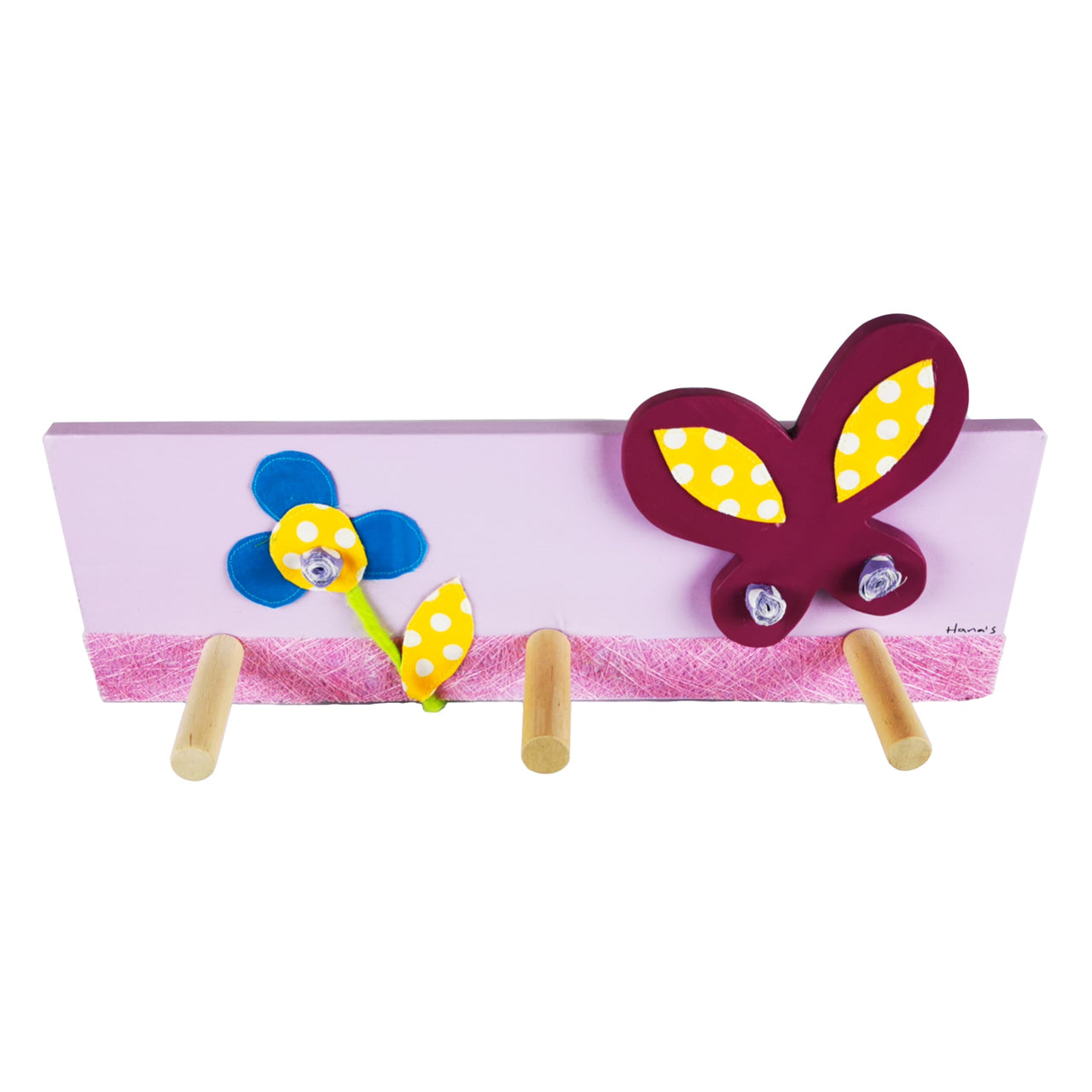 This hand-crafted coat rack has a light pink wooden base with a colourful flower and butterfly design layered on top. Creatively constructed from wood and layered fabric, the vibrant butterfly design is stunning. It has three wooden pegs for keeping your children's clothes organised.