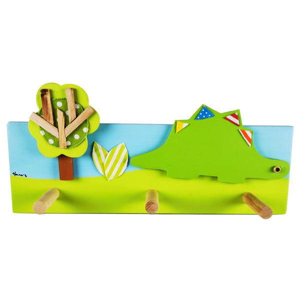 This hand-crafted coat rack has a light blue and green wooden base with a green dinosaur and tree design layered on top. Creatively constructed from wood and layered fabric, the vibrant dinosaur design is stunning. It has three wooden pegs for keeping your children's clothes organised.