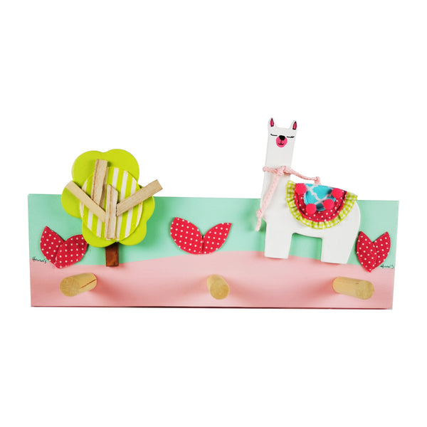 This hand-crafted coat rack has a light pink and mint wooden base with a colourful llama and tree design layered on top. Creatively constructed from wood and layered fabric, the vibrant llama design is stunning. It has three wooden pegs for keeping your children's clothes organised.