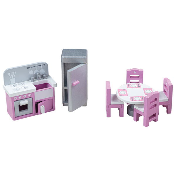 Create the perfect place for your hungry dolls to eat and make snacks with this doll's house Kitchen furniture set from Bigjigs! Wonderfully detailed and made from Beechwood, this set fits perfectly into most standard sized dolls houses. Little ones will love providing a life-like kitchen for their doll family. This extensive 9 piece set includes a fridge/freezer, a table and four chairs, two food accessories and a combined sink/stove which features a shopping list painted above the hob.  