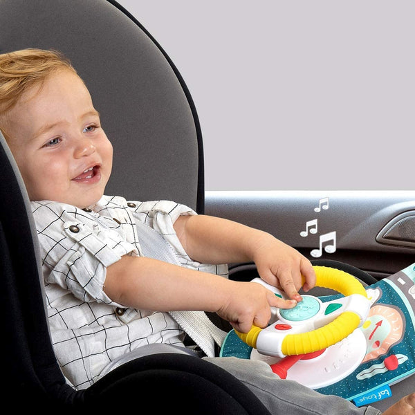 Keep your rascal entertained in the car with this adorable Koala steering wheel and gear lever with sounds and lights!  This toy is perfect for front facing toddlers as it easily attaches to the head-rest of the seat in front. Your little one can imitate driving actions with car sounds, funny melodies and clicking sounds, It also features a large baby safe mirror. Features an adorable illustration of a koala in a car. Gorgeous colours of mint, yellow, grey and red.