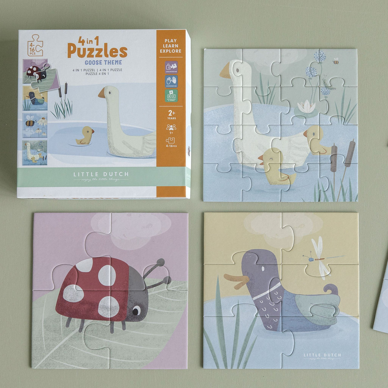 Meet Little Goose and his friends in a playful way with these 4 lovely puzzles. Designed for your child to explore the living creatures around the pond in the countryside. Every puzzle has a different level, from 4 pieces to 16, to develop your child's puzzle and fine motor skills step by step. 