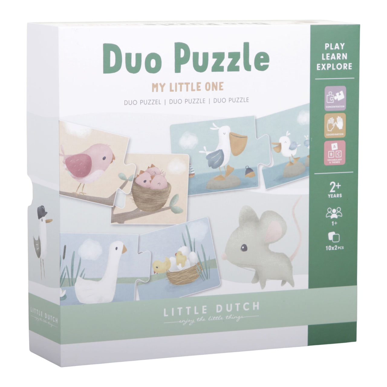 This cute Duo Puzzle features our beautifull illustrations of animals and their little ones on cardboard puzzle pieces. A perfect size for your little one! There are 10 matches to be made to assist your child’s development of concentration and coordination. Have fun making the puzzles together!