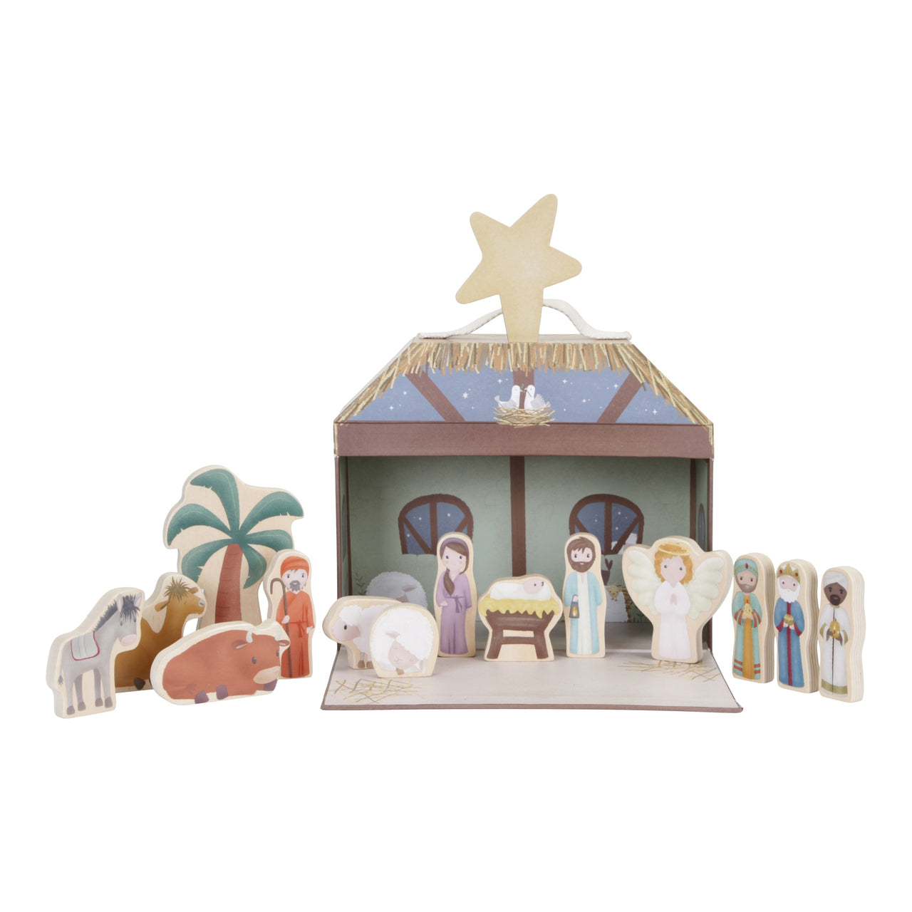 Silent night, holy night! With this nativity scene, your little one can play to their heart's content. They'll find all the characters from the traditional Christmas story around Jesus’ crib. Set everything up to create a remarkable accessory for under your Christmas tree until the holidays arrive. The set is easy to store or take with you. The case is made of sturdy cardboard, and the figurines are made of wood.