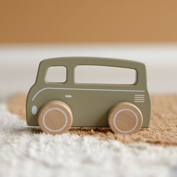 In a beautiful olive color, this Little Dutch van happily drives around with its solid wooden wheels.  Also nice as an accessory in the nursery or children's room.