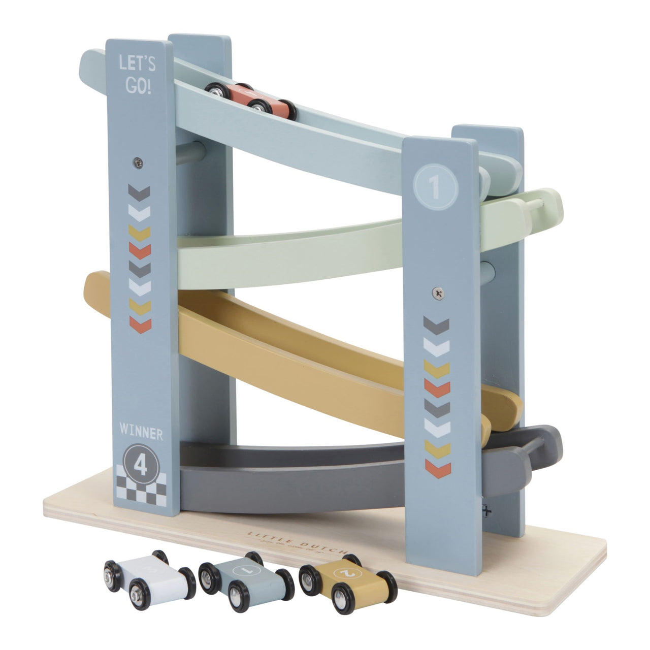 With this cheerful wooden Little Dutch ramp racer including 4 cars your little one will have a great time. Place the cars one by one on top of the race track, let them go and they will race down. Kids love this!