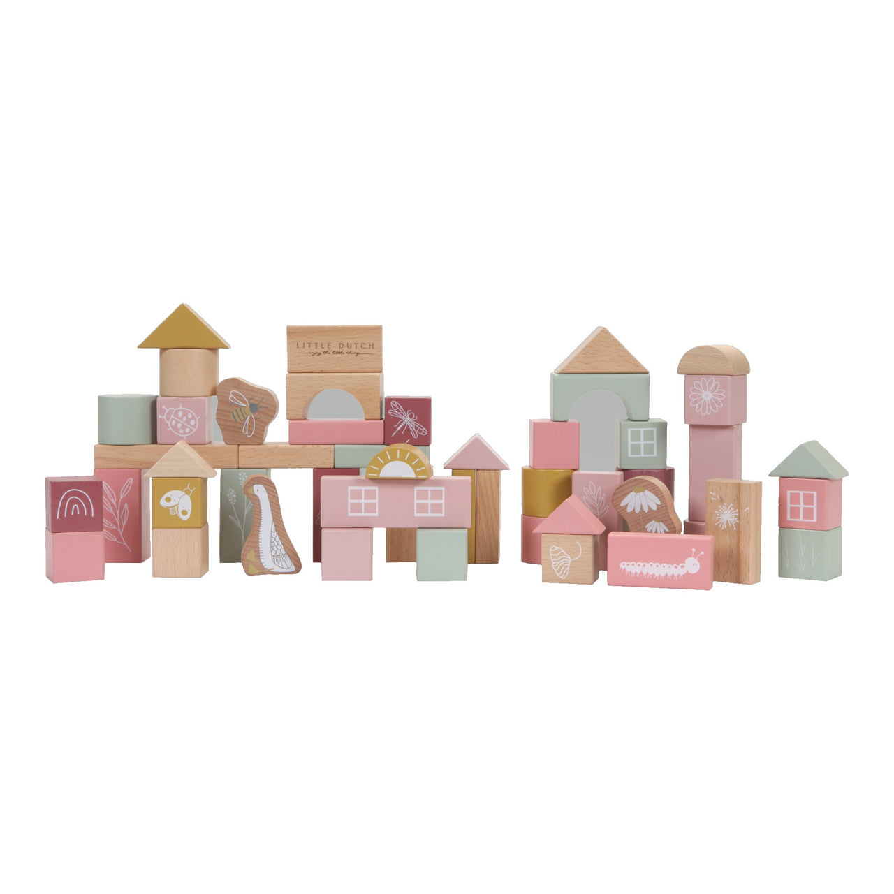 These pink wooden building blocks from little dutch are an all-time family favourite. The bucket contains no less than 50 wooden blocks in in various shapes and sizes, decorated with Little Goose and his friends from the countryside. Stack the blocks to build fun shapes or towers. The blocks guarantee a lot of building fun and can be stored effortlessly in the bucket! 