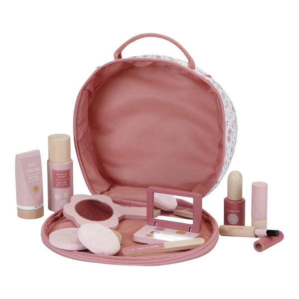 Just like mom. Kids learn by imitating. Inspire imaginative play with this blooming beauty case. Enhanced with a vivid floral pattern, it comes with 10 different pretend play wooden beauty products. There’s a hand-held mirror, a perfume bottle and a tube of cream. The set also consists of lipstick, nail polish, face powder, powder puff, eye shadow, mascara and a nail file. This Little Dutch beauty case allows all the fun, but not the mess of real make-up! Designed for ages 3 and up.
