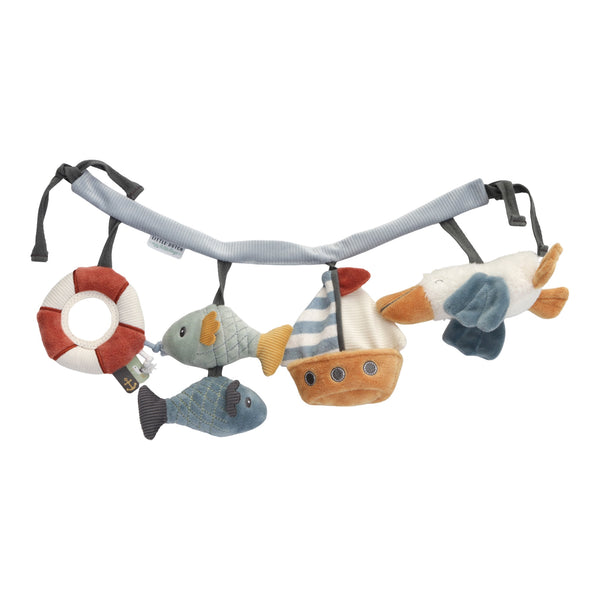 Being awake was never this fun! Our stroller activity chain is a great way to keep your little one entertained. It features four different hanging toys to look at, grasp for, and play with, including a pelican, a sailboat, a fishy duo, and a mirror in the shape of a life ring. Easily attach it to a stroller or car seat for enjoyment on the road. It encourages children to stretch out their arms and enhances hand-eye coordination.