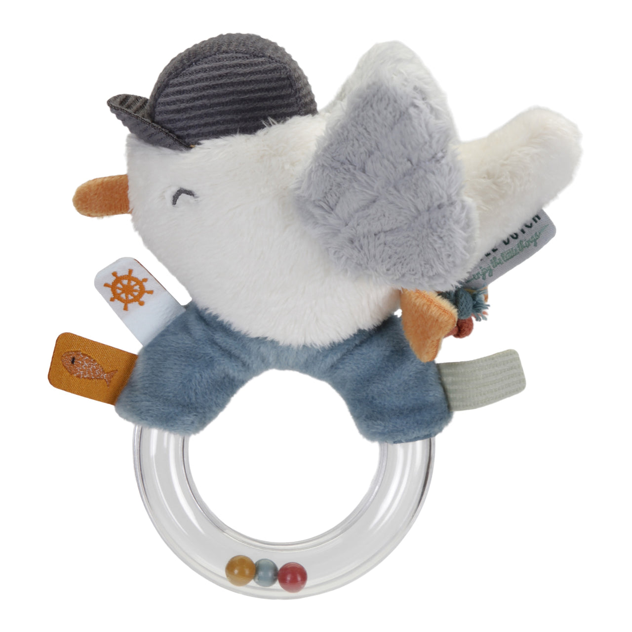 From the coast to the cot. This easy-to-grab rattle ring in the shape of a seagull makes for an attractive first toy. Designed to keep your baby busy, it offers various entertaining details, ranging from illustrated labels to colourful little knots. The wings of the seagull make a crinkling sound and the beads in the ring rattle when your baby plays with this fun toy.