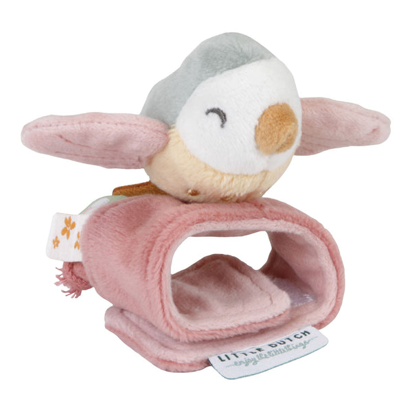 This soft rattle bracelet will get your baby excited. Just strap it around your little one’s wrist and let the rattling fun begin. The cuddly bird on top of the bracelet is ready to move! But there is more to explore. Crinkly parts, labels and a little knot encourage grasping and touching. 