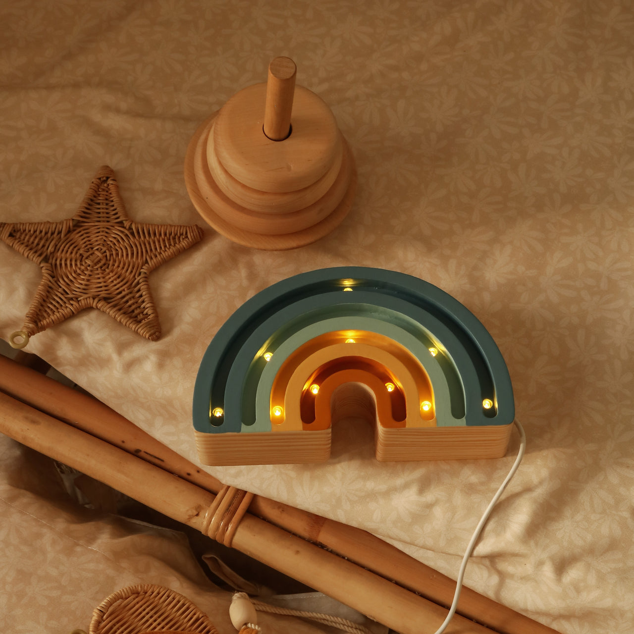 This high-quality Rainbow Denim Blue children’s night light is made of 100% natural pine wood. Little Lights are created by hand in a small factory in Krakow. It is not only a beautiful object for everyday use, but also a keepsake that will last throughout childhood and remain in the family for generations.
