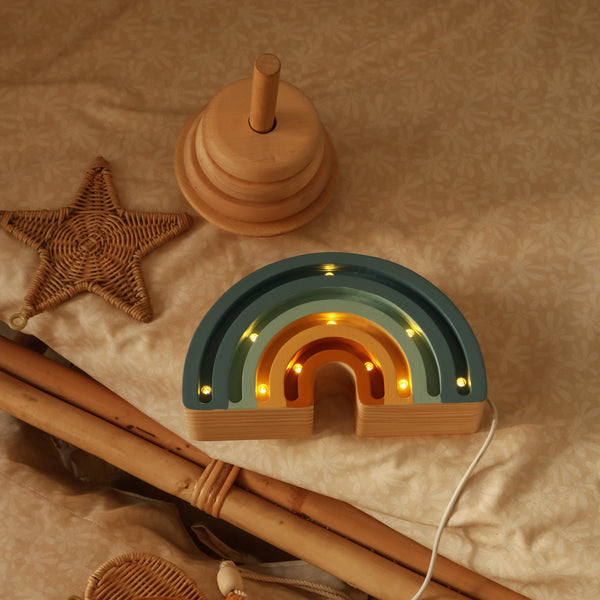 This high-quality Rainbow Denim Blue children’s night light is made of 100% natural pine wood. Little Lights are created by hand in a small factory in Krakow. It is not only a beautiful object for everyday use, but also a keepsake that will last throughout childhood and remain in the family for generations.