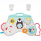 This activity toy hangs on the side of the cot by two clips and has two height options. It has 12 enticing activities including music & lights bear, peek-a-boo activities, rattling clear ball, crinkling parts, mini maze with colourful rings and more. It also has a handle that is easy for little hands to grab and carry. Can be used in a crib, on a play mat or on the go. Brightly coloured with penguin illustration in the middle.