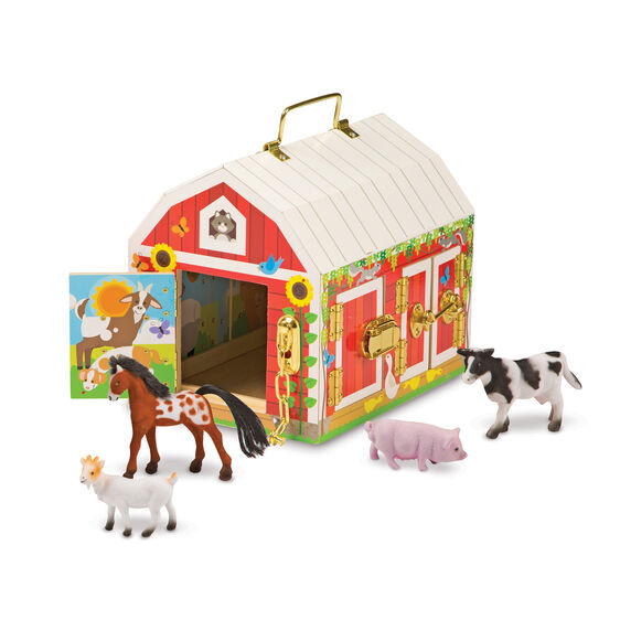 This beautifully crafted sturdy wooden barn from Melissa and Doug features six brass-hinged doors with working latches and locks, and pictures of farm animals on the inside of each door.