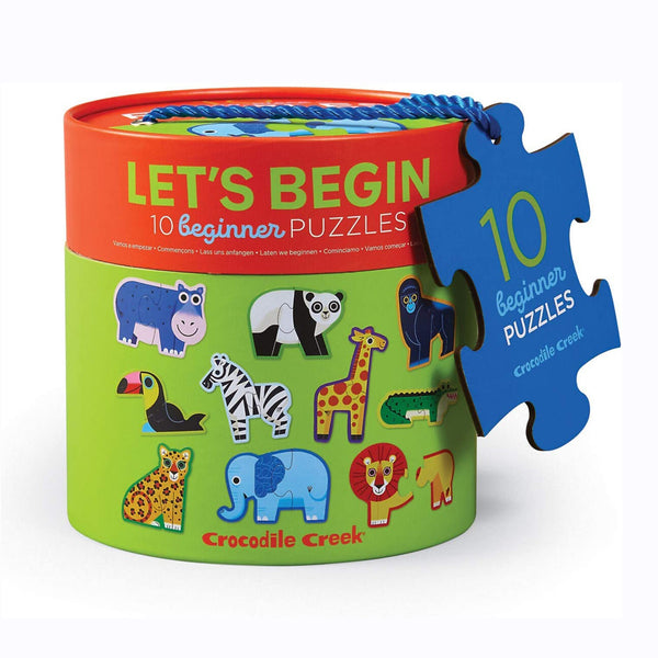 Crocodile Creek's Jungle puzzle contains ten different 2-piece puzzles of adorable animals, including a hippo, panda, gorilla, giraffe, zebra, toucan, cheetah, crocodile, elephant and lion!  The pieces are colour coded on the back for easy sorting and colour matching.   This puzzle includes a brilliant storage canister with a rope handle!