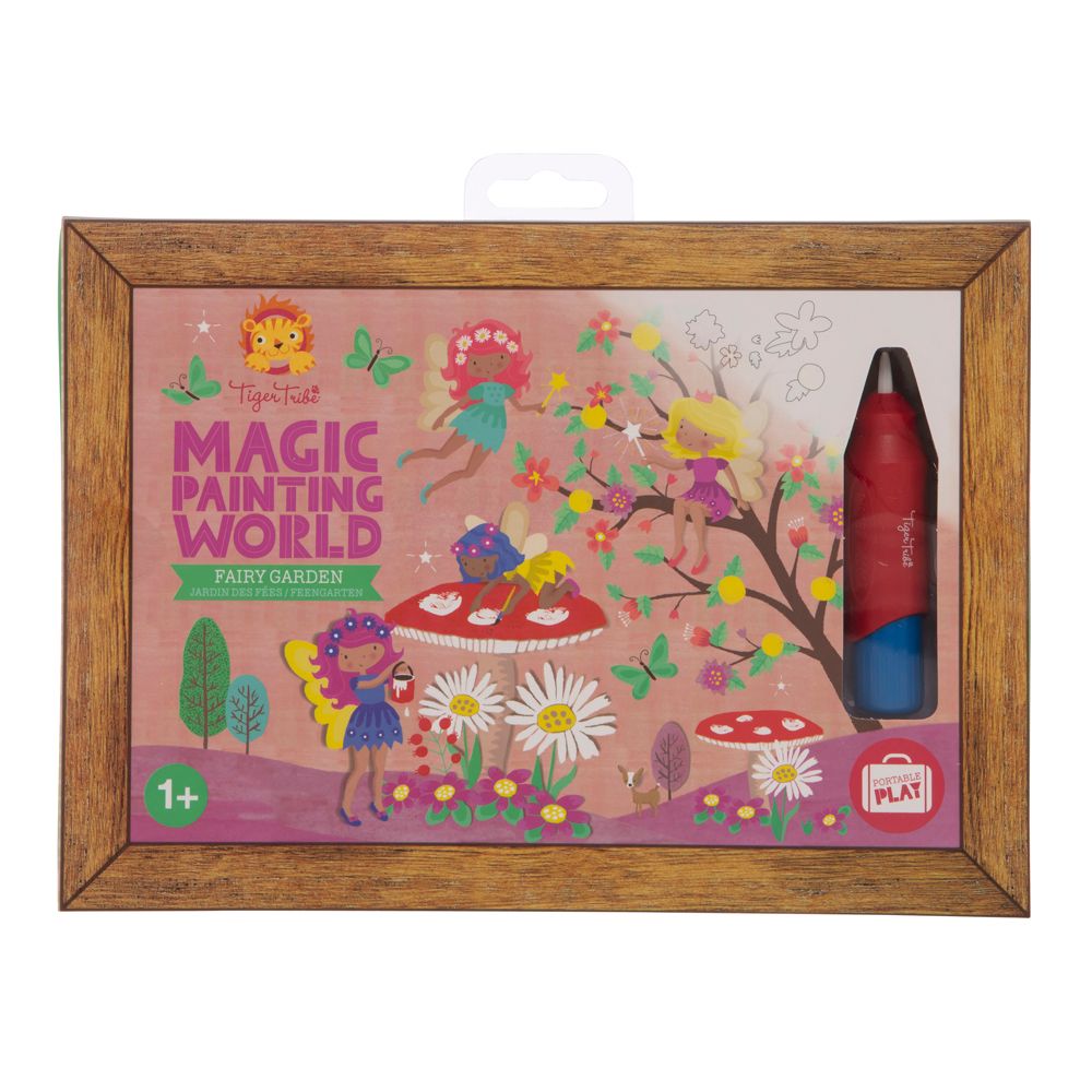  Tiger Tribe’s Magic Painting World - Fairy Garden kids paint set! Children simply need to fill their magic paintbrush with water to unveil the hidden fairy illustrations with every brush stroke. This children’s paint set comes with one chunky paintbrush and four colourful fairy paintings that are waiting to be painted.