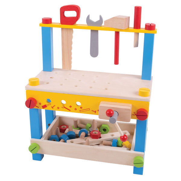 This colourful wooden tool bench is what every young crafter needs! This sturdy workbench includes plenty of wooden features and tools such as a clamp, wrench, nuts & bolts, screwdriver and more! 