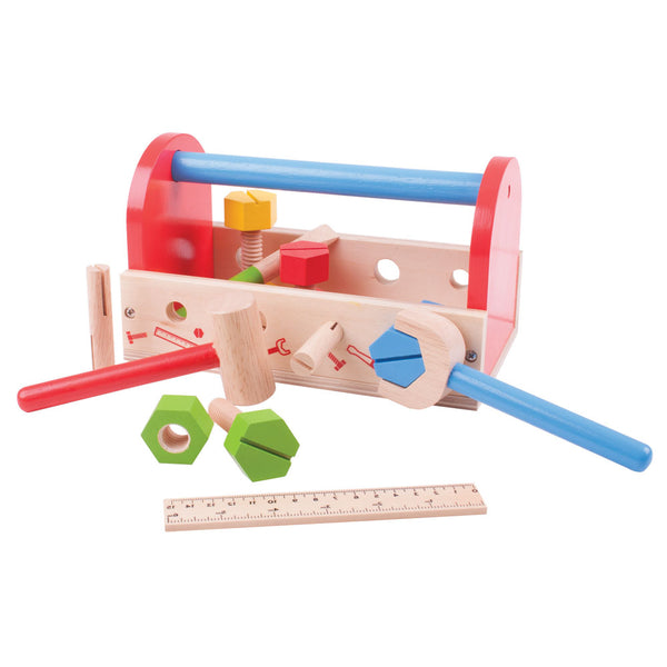 This Tool Box includes everything a young crafter needs to get fixing! The sturdy wooden Tool Box includes a spanner, hammer, nuts and bolts and even a screwdriver and ruler, and has a built in handle making it perfect for travelling! 