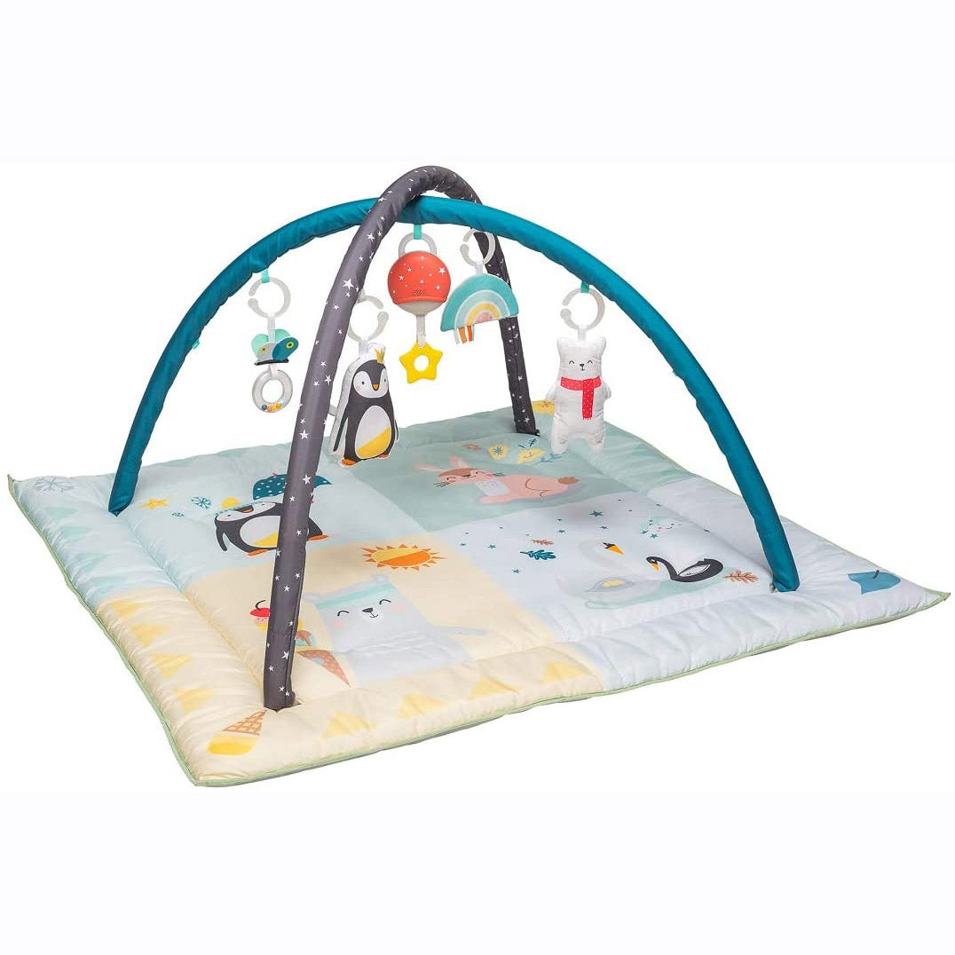 This extra comfy padded mat is the perfect baby gym with plenty of room for your tiny rascal to wriggle around!  A fun way to encourage the development of their senses, motor skills and hand-eye coordination.  The mat includes 10 developmental activities, soft arches, colour changing soft light and four hanging toys - chime bell penguin, rattling bear, crinkly rainbow & butterfly ring rattle.  Attach the music and light unit to the gym’s arch and pull the teether to activate.