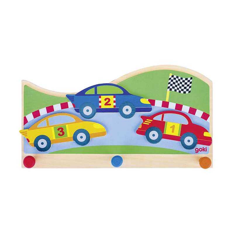 This bright and colourful coat rack with child friendly motives features racing cars on the race track. The arrangement of the motives is layered which gives a 3D effect. It has three pegs for hanging all your little rascals coats on. Available to buy at Rooms for Rascals