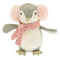 Delightful penguin toy in grey herringbone tweed with a white bib front wearing a  cute pair of large fluffy pink ear muffs and and a scarf.  A lovely gift for a newborn or child.