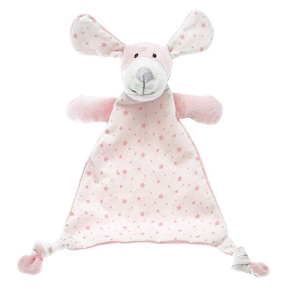 Peaches puppy double-sided comforter in a peachy pink soft plush and jersey printed with stars finished with knotted corners for little fingers to grab.  A lovely gift for a newborn.