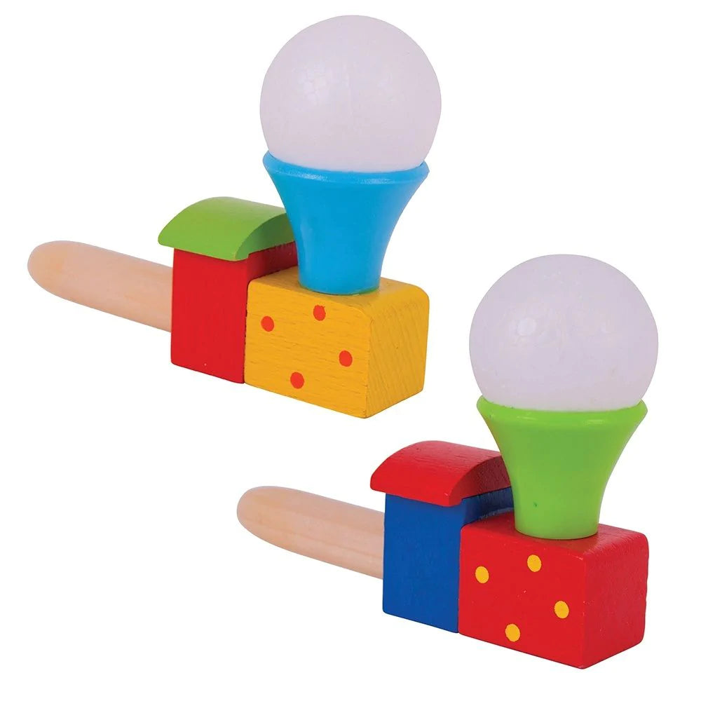 Get ready to huff and puff and blow as hard as you can to lift the ball and make it hover over the wooden train's brightly coloured funnel. How long can you suspend the ball in the air for? An ideal stocking filler or party bag treat. 