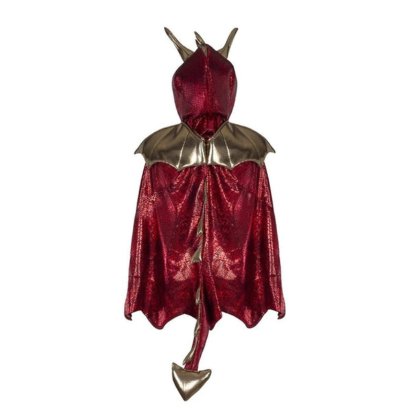 Your little ones can scare, explore and breathe fire with this red and black dragon cape with hood from Great Pretenders! The cape features a soft hood with large gold covered foam scales and ears.