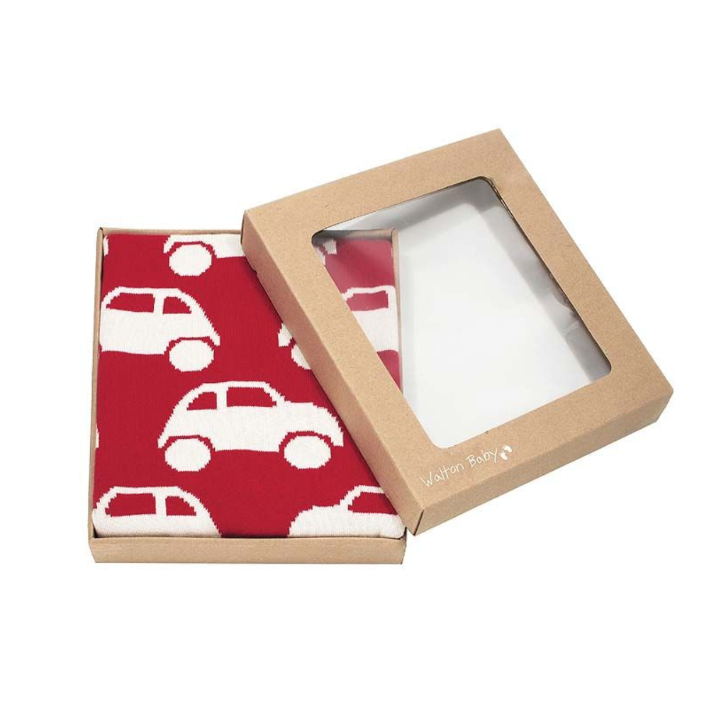 Super soft reversible baby blanket in red & white with a geometric car design knitted from 100% soft combed cotton.  