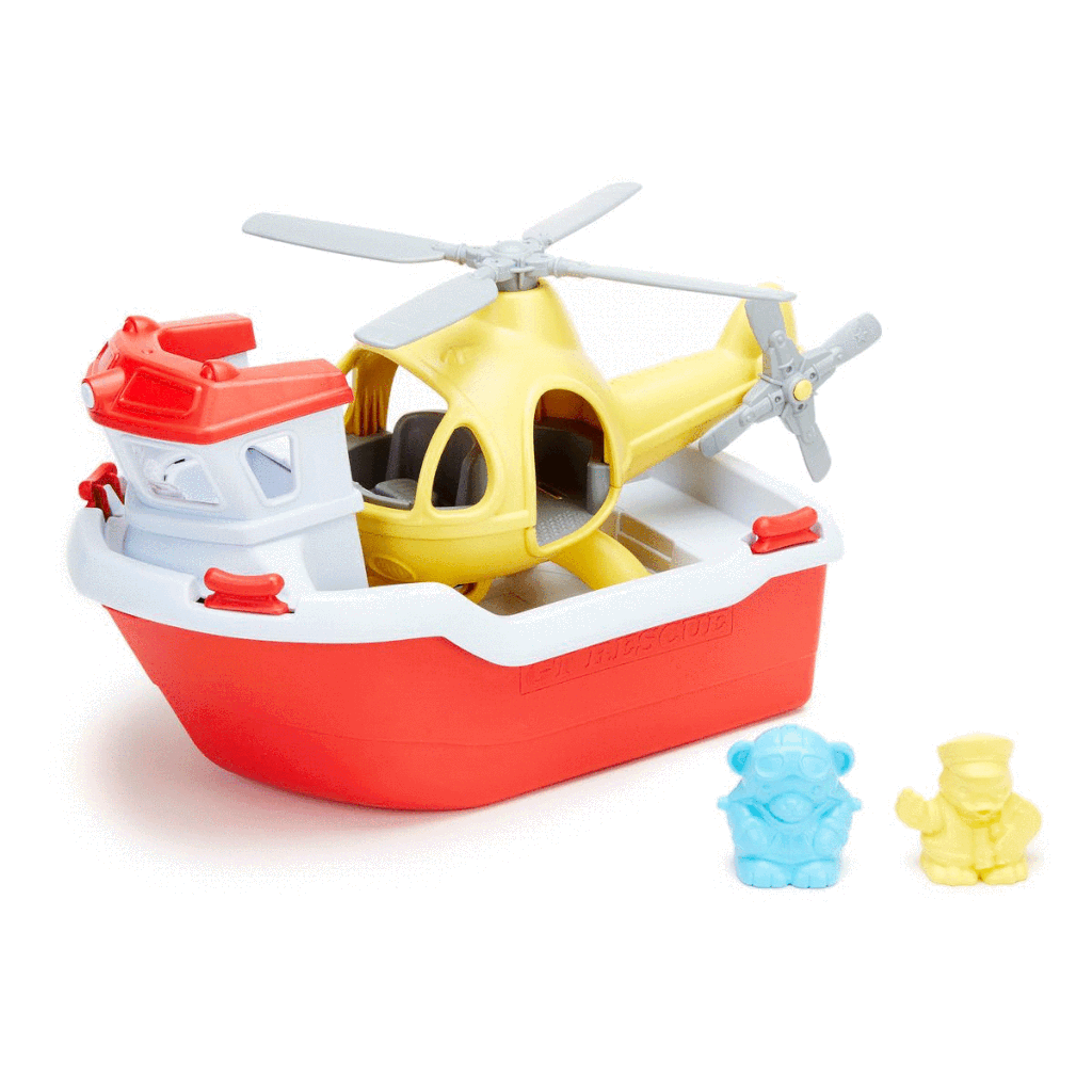 Set off on a search and rescue mission with the Green Toys Rescue Boat and Helicopter! Features an unattached, full-size helicopter, plus catamaran-style rescue boat that floats and has a wide spout to scoop and pour water, making it ideal for your bath tub, pool or garden. Includes 1 Captain Duck and 1 Pilot Bear figure for expanded imaginative role play.
