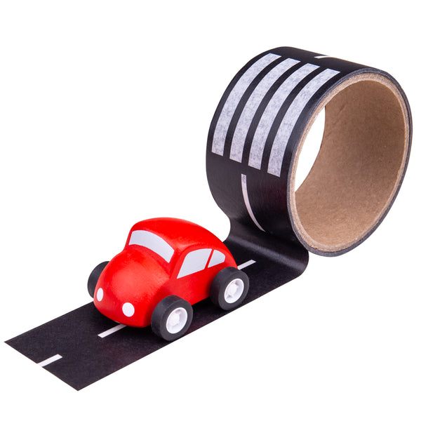 Create your very own unique track layout with every play session with this tactile and durable Roadway Tape from Bigjigs! Easy to use, just simply peel off and stick to a surface. Suitable for floors, walls and furniture. Easy to tear off, the tape will not leave track or residue, and won't damage the surface. A great way to encourage imaginative role play. Supplied with a wooden car.