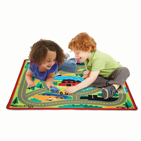 This colorful fun road rug from Melissa and Doug comes with four colorful wooden cars to drive on looping streets and lanes. 