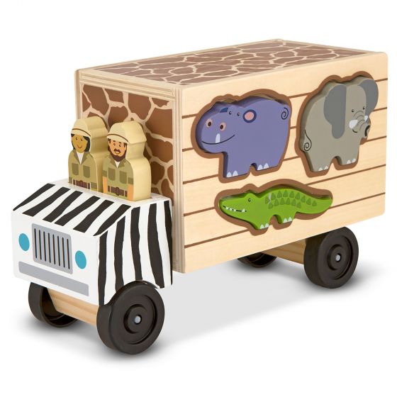 Animal rangers to the rescue! With this rugged safari truck, two cheerful people are ready to zoom across the savannah to help their animal friends. The alligator, zebra, rhinoceros, elephant, giraffe, hippopotamus, and lion fit into the sides of the wooden truck through die-cut slots, so this exciting toy is perfect for imaginative play and fine motor skills .